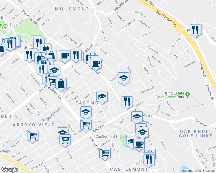map of restaurants, bars, coffee shops, grocery stores, and more near 7877 MacArthur Boulevard in Oakland