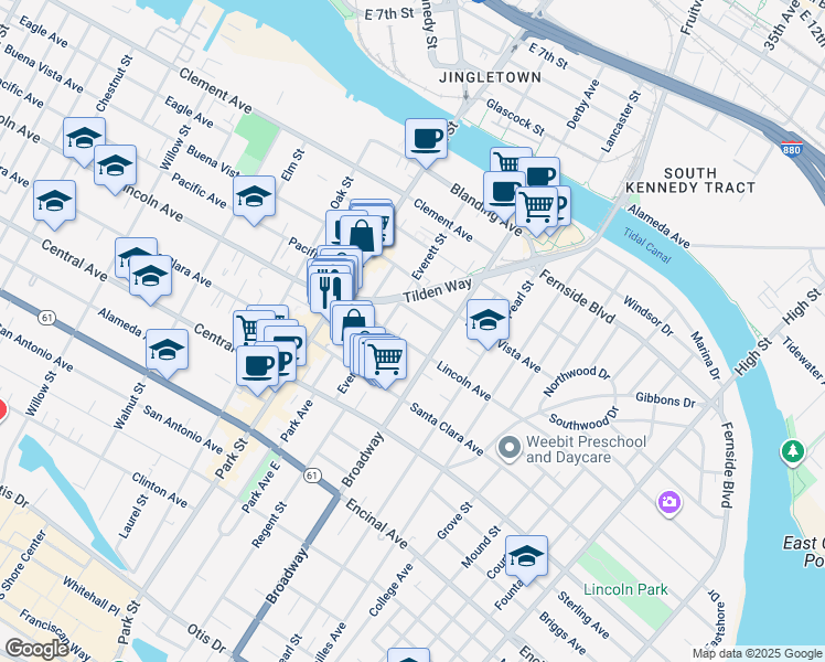 map of restaurants, bars, coffee shops, grocery stores, and more near 2521 Lincoln Avenue in Alameda
