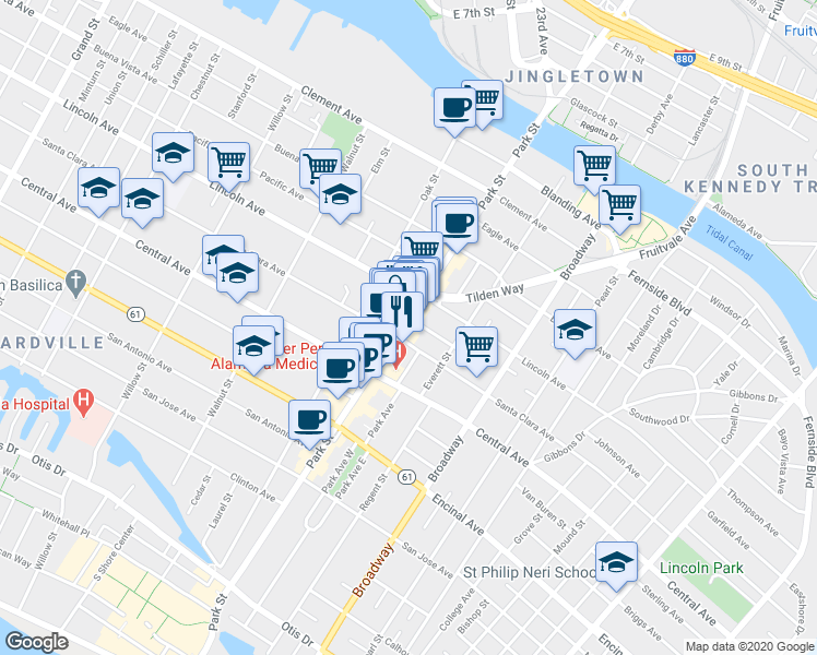 map of restaurants, bars, coffee shops, grocery stores, and more near 2414 Webb Avenue in Alameda