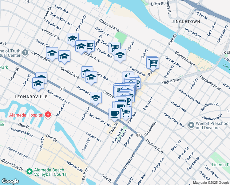 map of restaurants, bars, coffee shops, grocery stores, and more near 2223 Central Avenue in Alameda