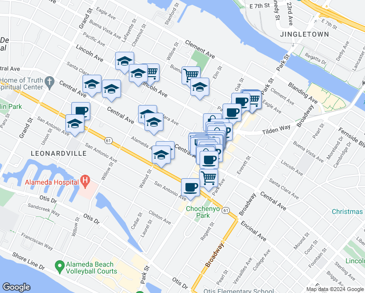 map of restaurants, bars, coffee shops, grocery stores, and more near 2223 Central Avenue in Alameda