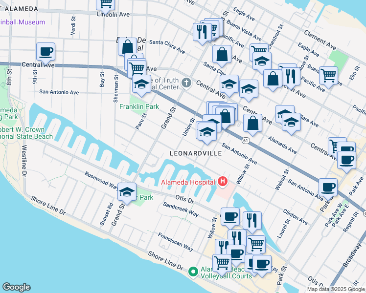 map of restaurants, bars, coffee shops, grocery stores, and more near 916 Union Street in Alameda