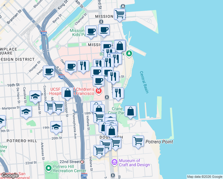 map of restaurants, bars, coffee shops, grocery stores, and more near 555 Illinois Street in San Francisco