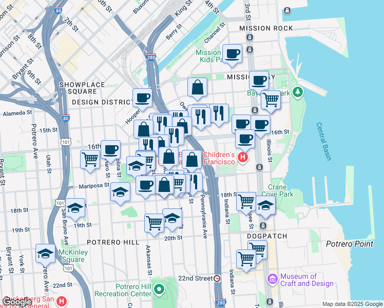map of restaurants, bars, coffee shops, grocery stores, and more near 98 Pennsylvania Avenue in San Francisco