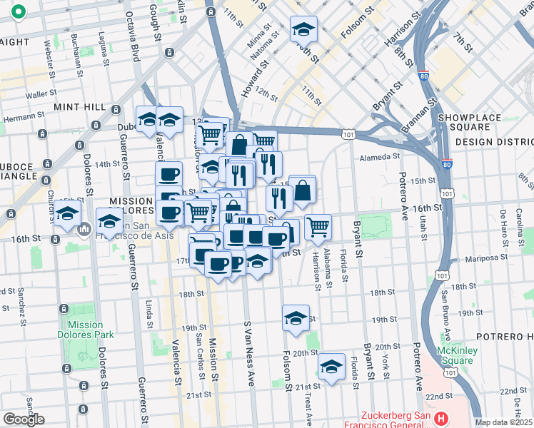 map of restaurants, bars, coffee shops, grocery stores, and more near 2840 16th Street in San Francisco