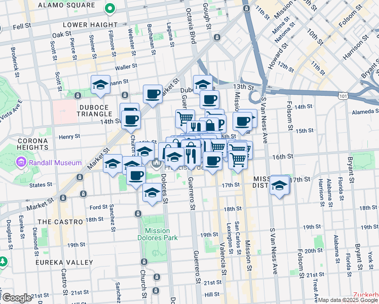 map of restaurants, bars, coffee shops, grocery stores, and more near in San Francisco