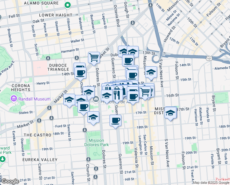 map of restaurants, bars, coffee shops, grocery stores, and more near in San Francisco
