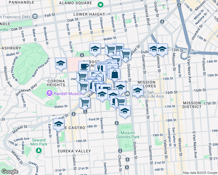 map of restaurants, bars, coffee shops, grocery stores, and more near 30 Sharon Street in San Francisco