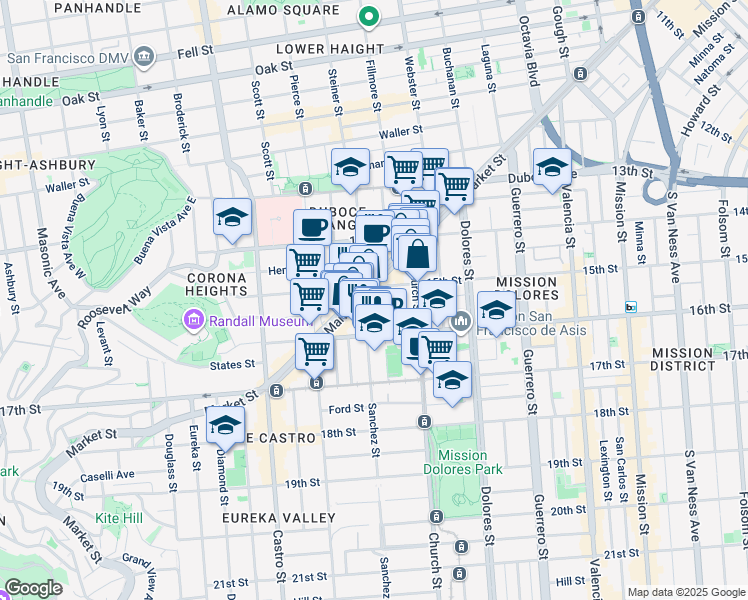 map of restaurants, bars, coffee shops, grocery stores, and more near 30 Sharon Street in San Francisco