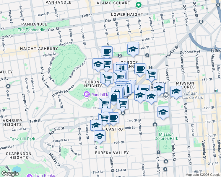 map of restaurants, bars, coffee shops, grocery stores, and more near 2257 15th Street in San Francisco