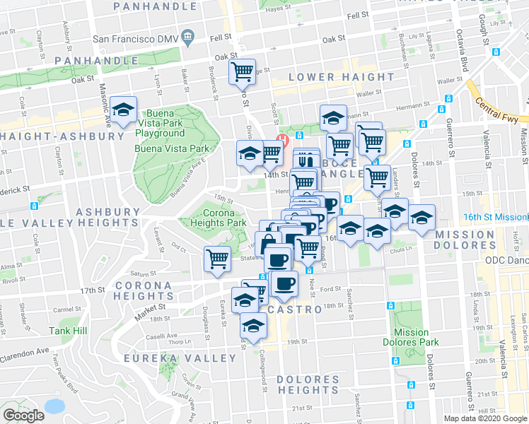 map of restaurants, bars, coffee shops, grocery stores, and more near 2309 15th Street in San Francisco