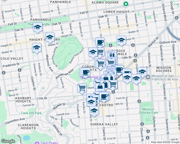 map of restaurants, bars, coffee shops, grocery stores, and more near 2475 15th Street in San Francisco