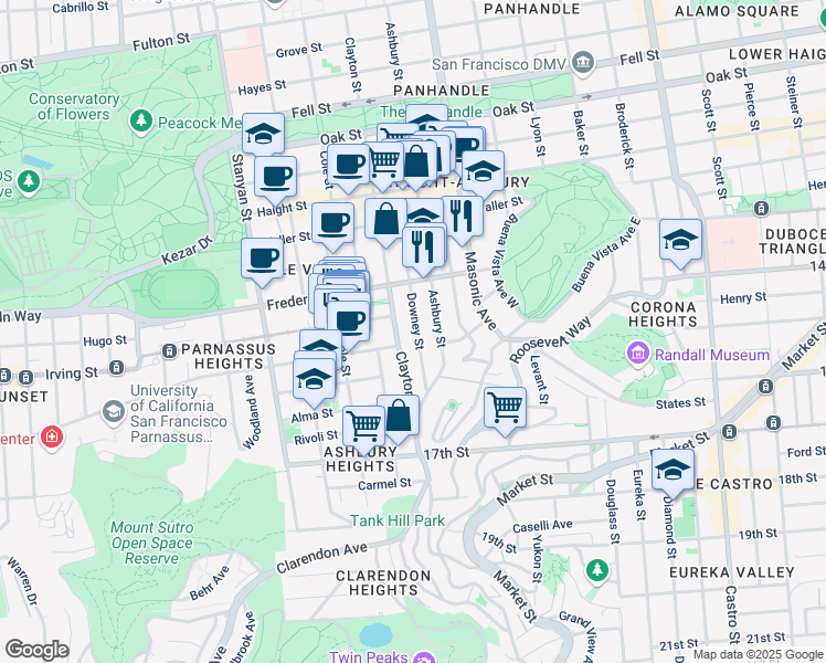 map of restaurants, bars, coffee shops, grocery stores, and more near 905 Ashbury Street in San Francisco