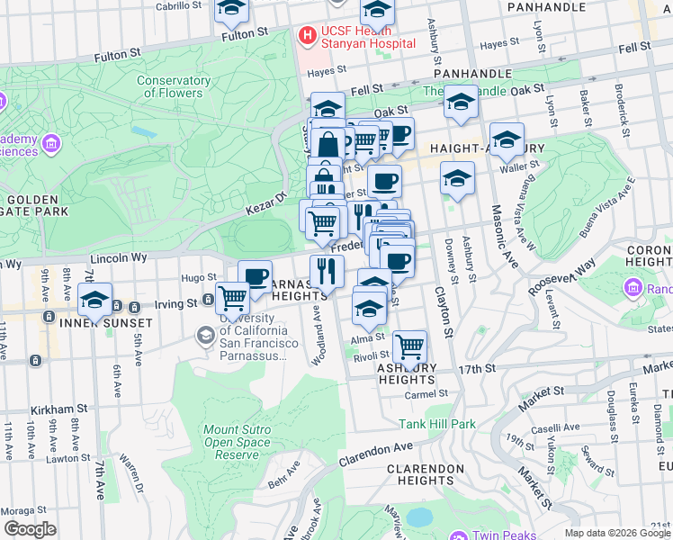 map of restaurants, bars, coffee shops, grocery stores, and more near 9600 Stanyan Street in San Francisco
