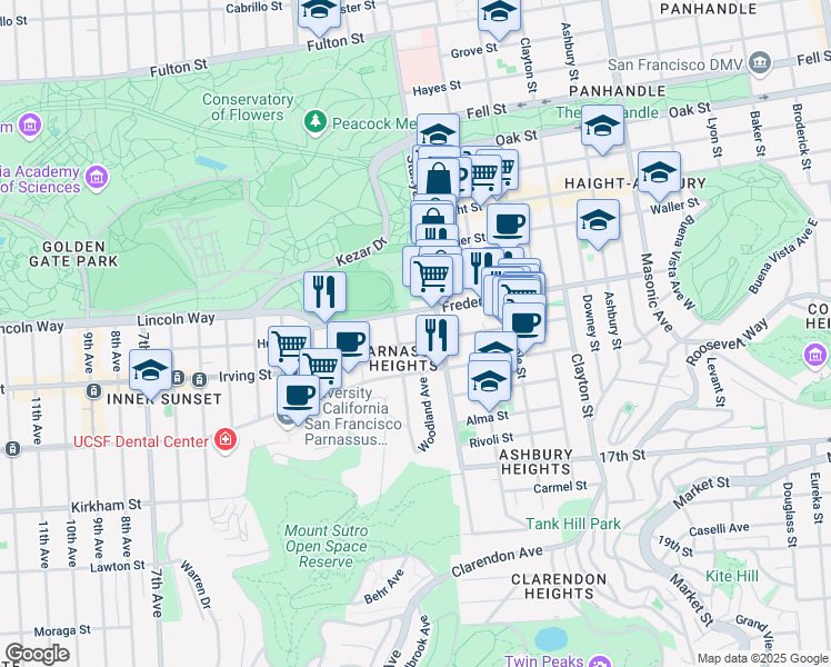 map of restaurants, bars, coffee shops, grocery stores, and more near 274 Carl Street in San Francisco