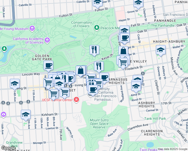 map of restaurants, bars, coffee shops, grocery stores, and more near 1242 2nd Avenue in San Francisco