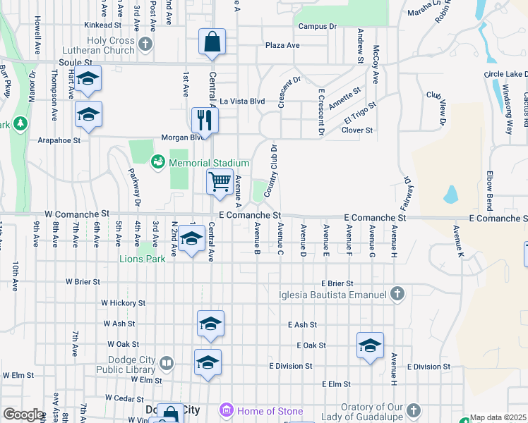map of restaurants, bars, coffee shops, grocery stores, and more near 224-298 East Comanche Street in Dodge City