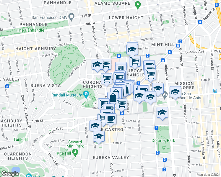 map of restaurants, bars, coffee shops, grocery stores, and more near 2257 15th Street in San Francisco