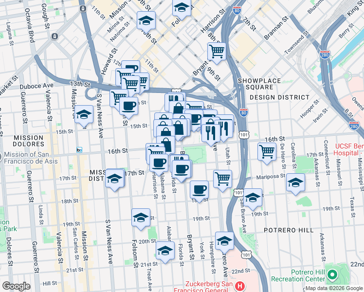map of restaurants, bars, coffee shops, grocery stores, and more near 16th St & Bryant St in San Francisco