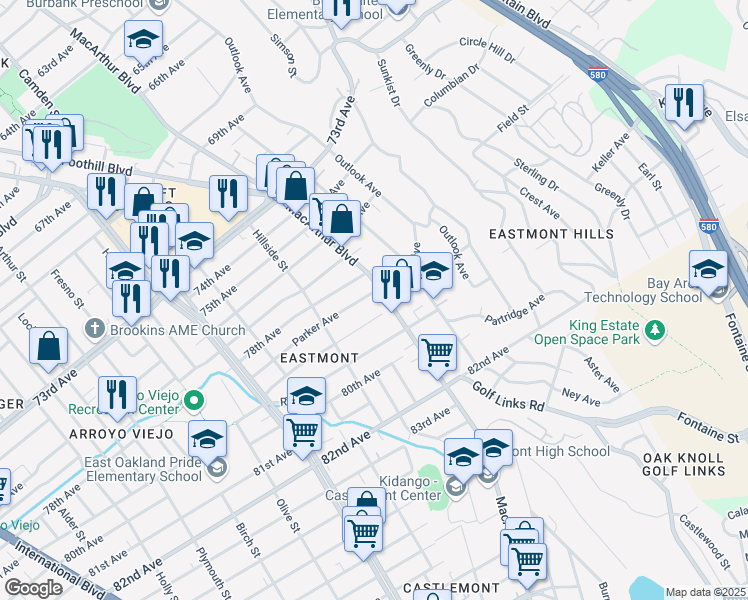 map of restaurants, bars, coffee shops, grocery stores, and more near 2772 Parker Avenue in Oakland