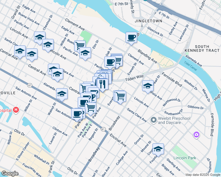 map of restaurants, bars, coffee shops, grocery stores, and more near 2421 Webb Avenue in Alameda