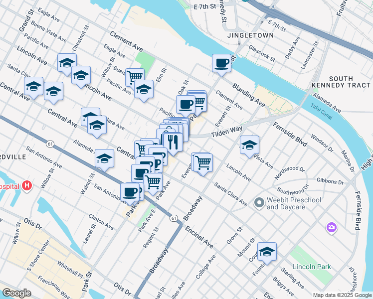 map of restaurants, bars, coffee shops, grocery stores, and more near 2421 Webb Avenue in Alameda