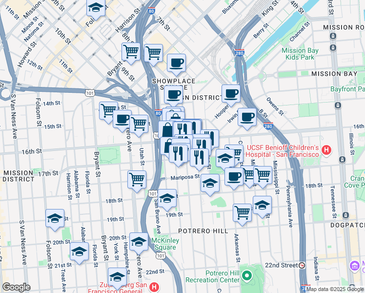 map of restaurants, bars, coffee shops, grocery stores, and more near 350 Rhode Island Street in San Francisco
