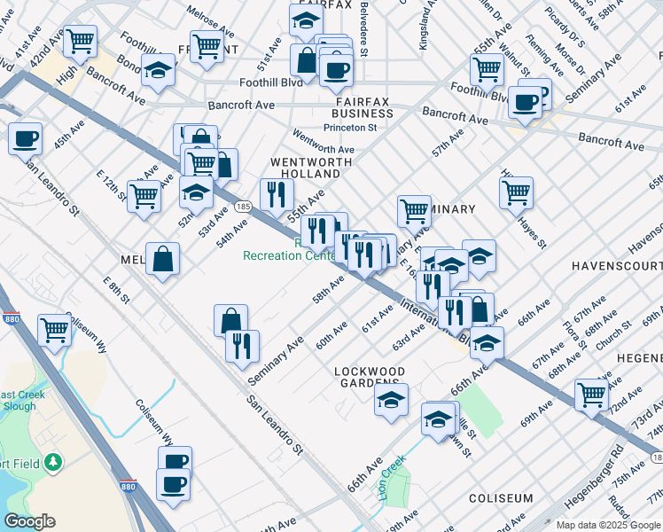 map of restaurants, bars, coffee shops, grocery stores, and more near 5701 International Boulevard in Oakland