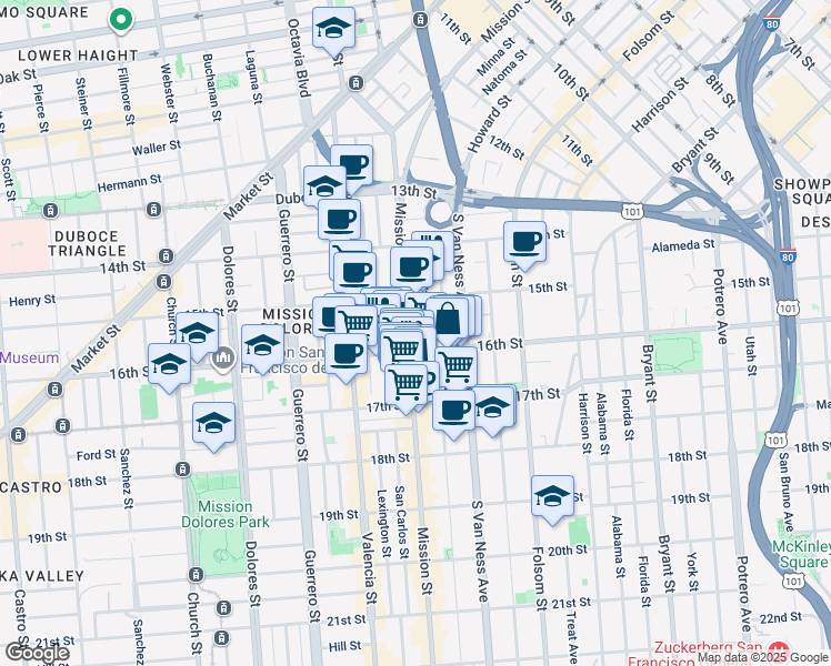 map of restaurants, bars, coffee shops, grocery stores, and more near 1979 Mission Street in San Francisco