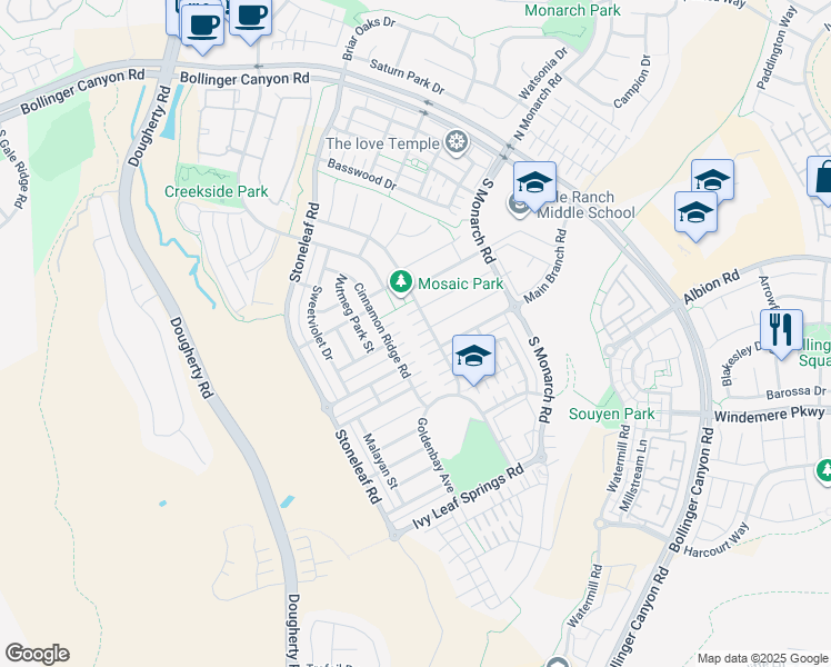 map of restaurants, bars, coffee shops, grocery stores, and more near 1421 Bayberry View Lane in San Ramon