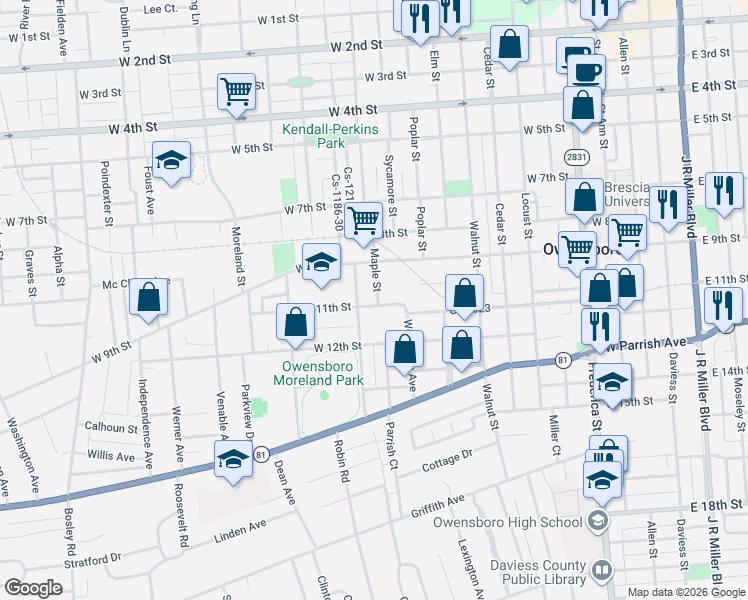 map of restaurants, bars, coffee shops, grocery stores, and more near 1001-1099 West 11th Street in Owensboro