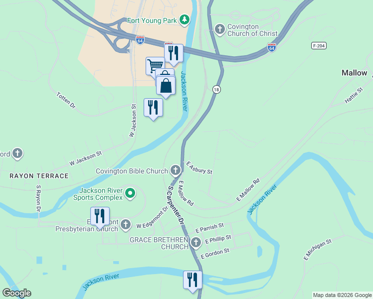 map of restaurants, bars, coffee shops, grocery stores, and more near 2017 South Carpenter Drive in Covington