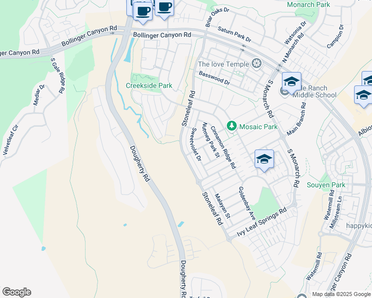 map of restaurants, bars, coffee shops, grocery stores, and more near 7718 Stoneleaf Road in San Ramon