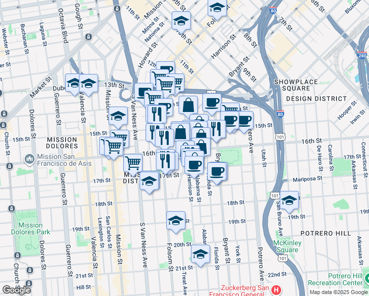map of restaurants, bars, coffee shops, grocery stores, and more near in San Francisco