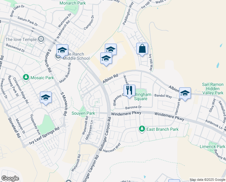 map of restaurants, bars, coffee shops, grocery stores, and more near 1489 Allanmere Drive in San Ramon