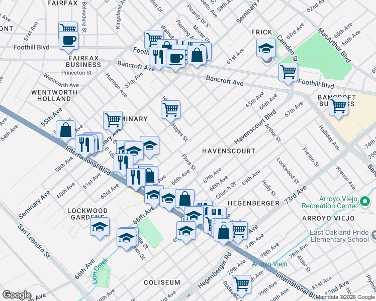 map of restaurants, bars, coffee shops, grocery stores, and more near 2068 64th Avenue in Oakland