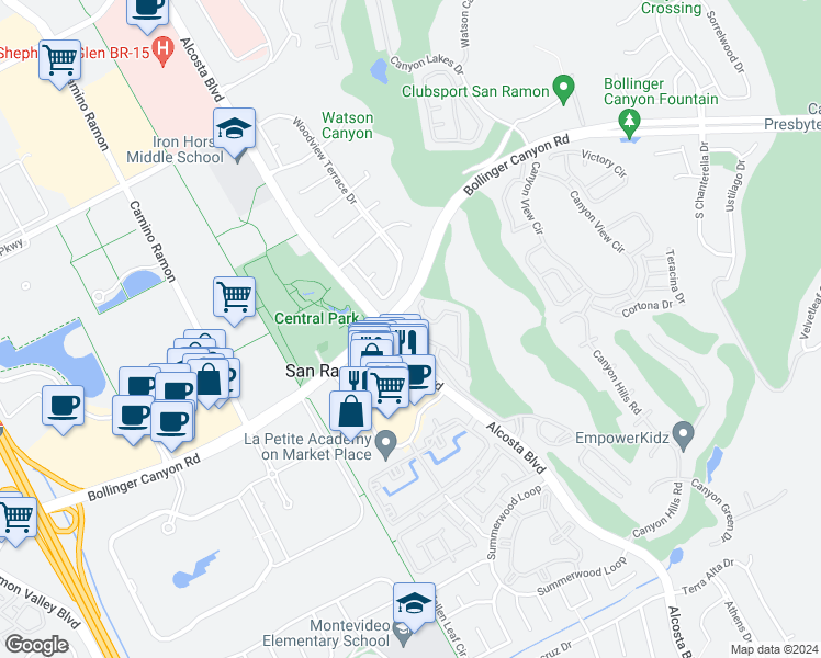 map of restaurants, bars, coffee shops, grocery stores, and more near 420 Canyon Woods Place in San Ramon