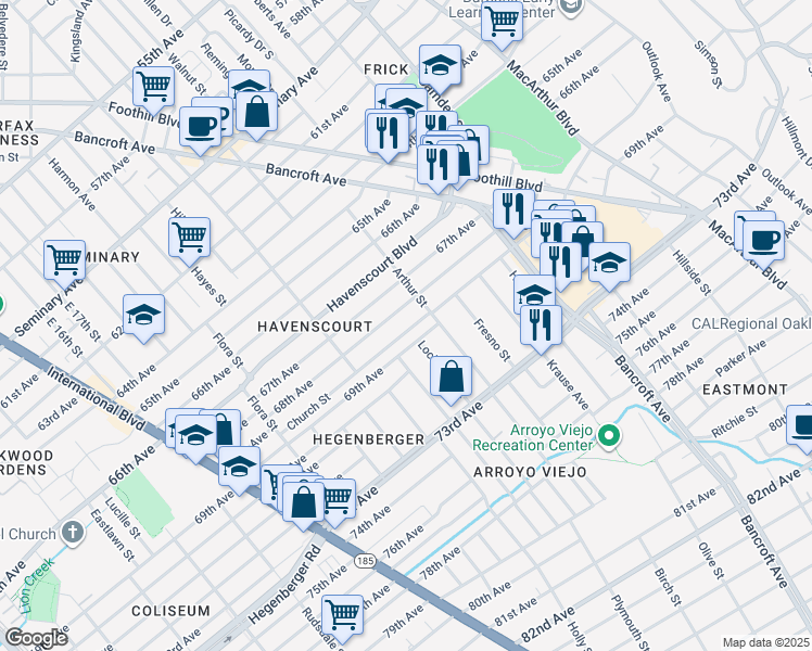 map of restaurants, bars, coffee shops, grocery stores, and more near 2123 Church Street in Oakland