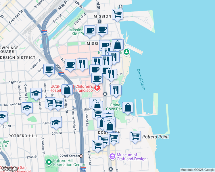 map of restaurants, bars, coffee shops, grocery stores, and more near 520 Illinois Street in San Francisco