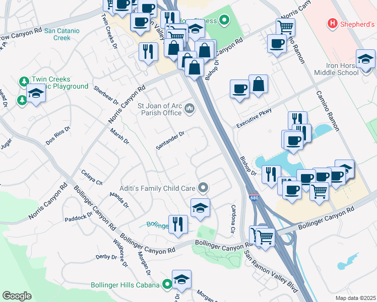 map of restaurants, bars, coffee shops, grocery stores, and more near 59 Arenas Court in San Ramon