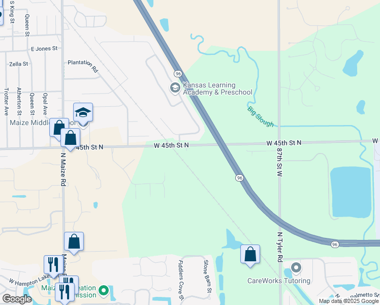 map of restaurants, bars, coffee shops, grocery stores, and more near 9511 West 45th Street North in Maize