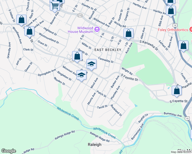 map of restaurants, bars, coffee shops, grocery stores, and more near 105 Mool Avenue in Beckley