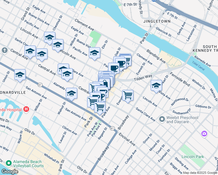 map of restaurants, bars, coffee shops, grocery stores, and more near 2414 Webb Avenue in Alameda