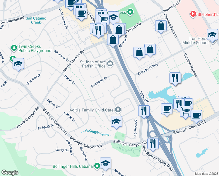 map of restaurants, bars, coffee shops, grocery stores, and more near 59 Arenas Court in San Ramon