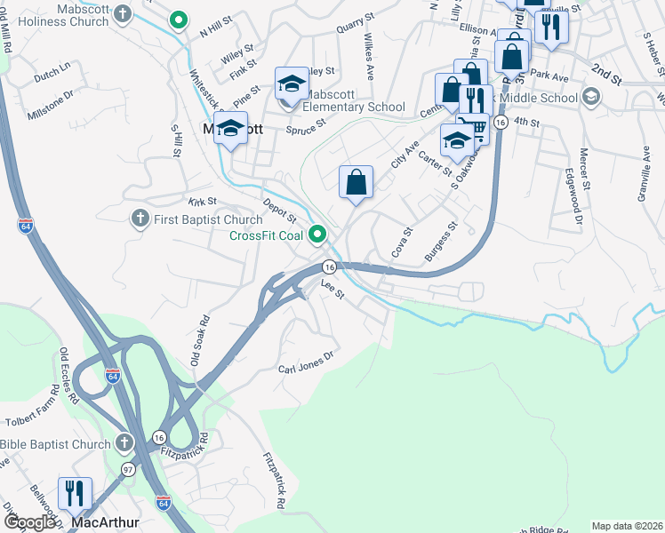 map of restaurants, bars, coffee shops, grocery stores, and more near Robert C Byrd Drive in Beckley