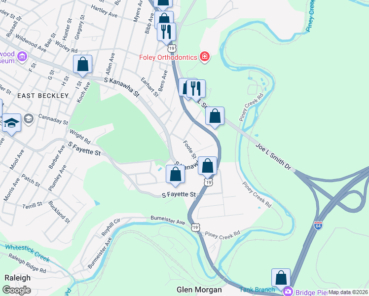 map of restaurants, bars, coffee shops, grocery stores, and more near 203-213 Foote St in Beckley