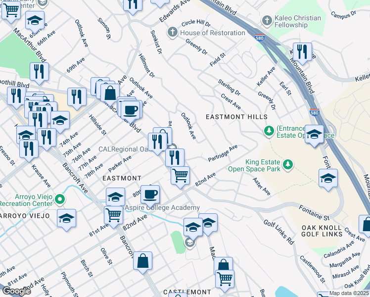 map of restaurants, bars, coffee shops, grocery stores, and more near 7950 Ney Avenue in Oakland