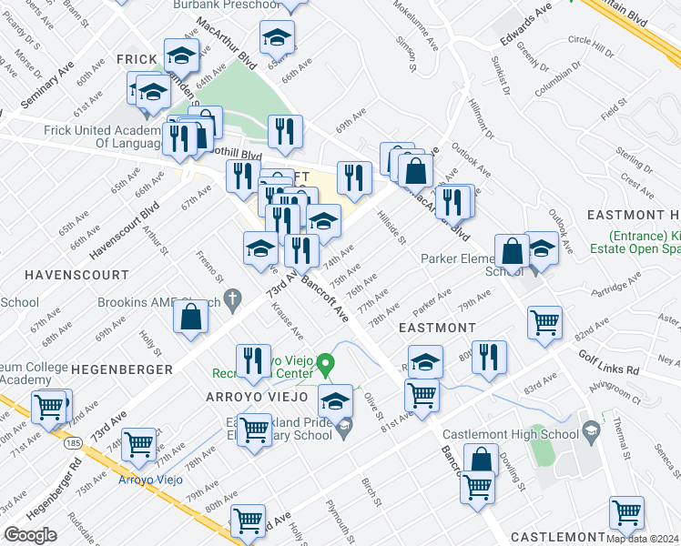 map of restaurants, bars, coffee shops, grocery stores, and more near 2525 75th Avenue in Oakland