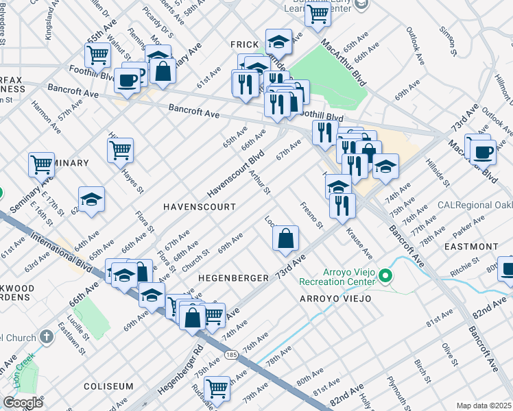 map of restaurants, bars, coffee shops, grocery stores, and more near 2123 Church Street in Oakland