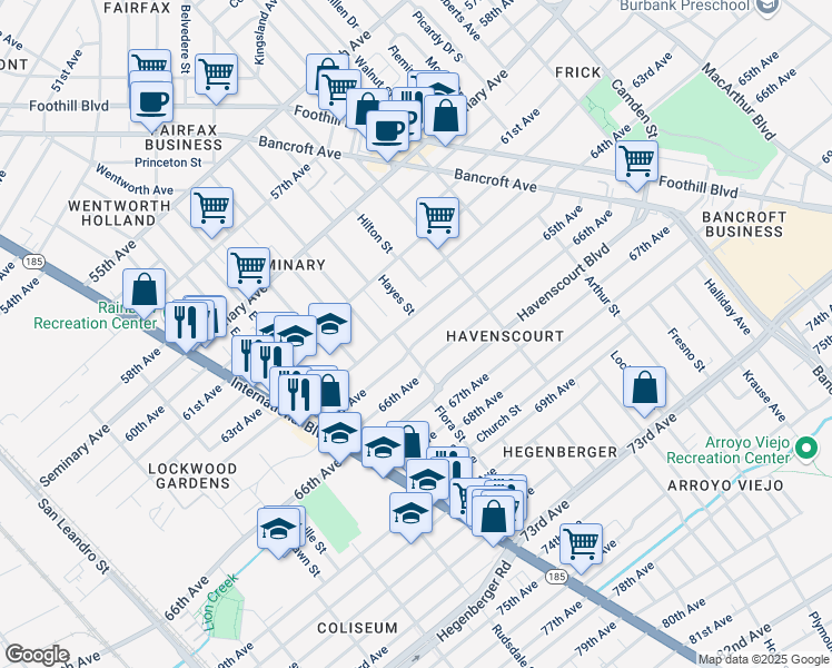 map of restaurants, bars, coffee shops, grocery stores, and more near 2068 64th Avenue in Oakland